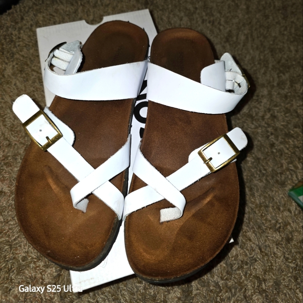 Women's White Strappy Buckle Sandals - Comfortable Casual Footbed